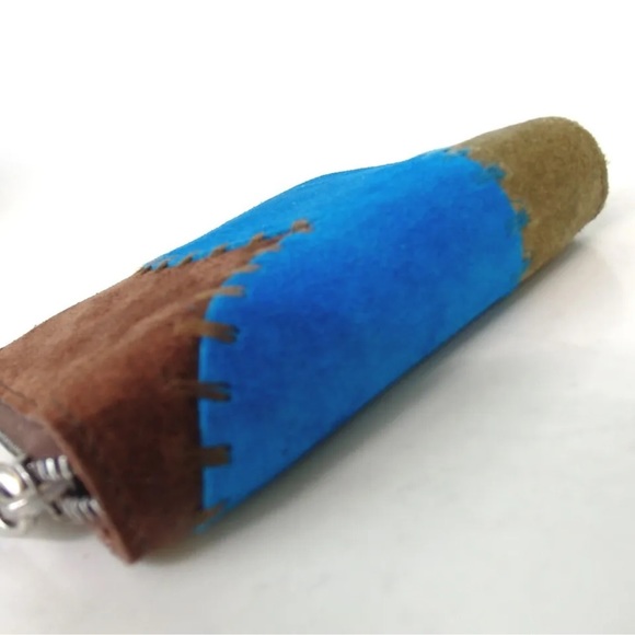 CELINE suede compact wallet coin purse color block switch blue brown tan - Picture 8 of 11